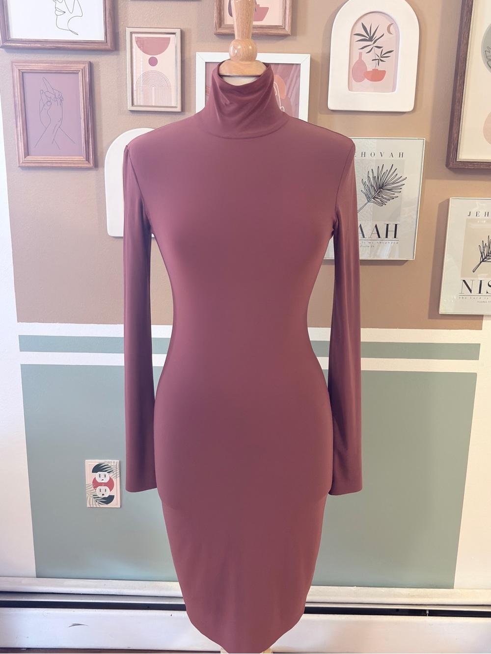 Norma Kamali Long-Sleeve Turtleneck Bodycon Dress in Mauve